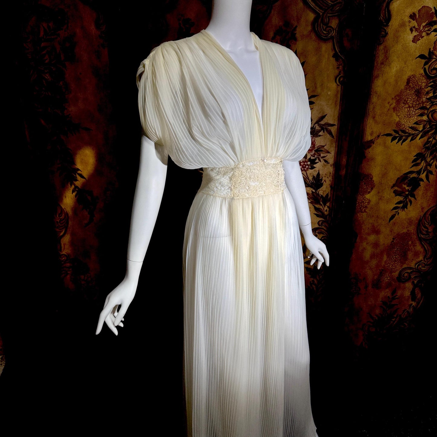 TULA vintage 1940s Nightgown Dressing Gown, White Grecian Goddess micro pleat lingerie dress