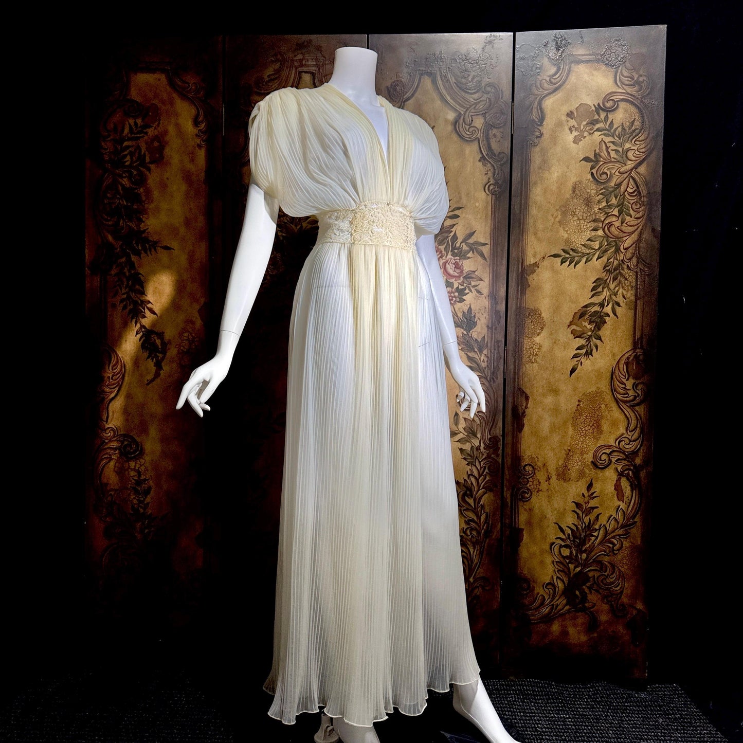 TULA vintage 1940s Nightgown Dressing Gown, White Grecian Goddess micro pleat lingerie dress