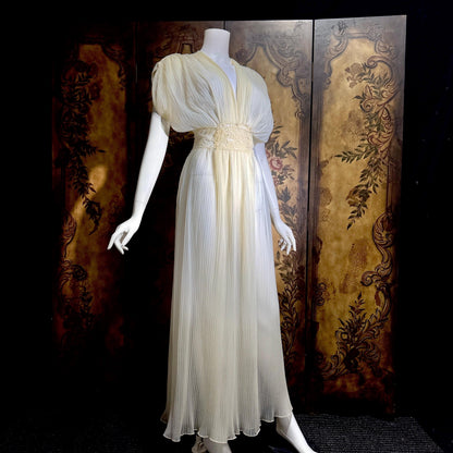 TULA vintage 1940s Nightgown Dressing Gown, White Grecian Goddess micro pleat lingerie dress