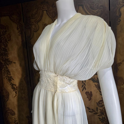 TULA vintage 1940s Nightgown Dressing Gown, White Grecian Goddess micro pleat lingerie dress