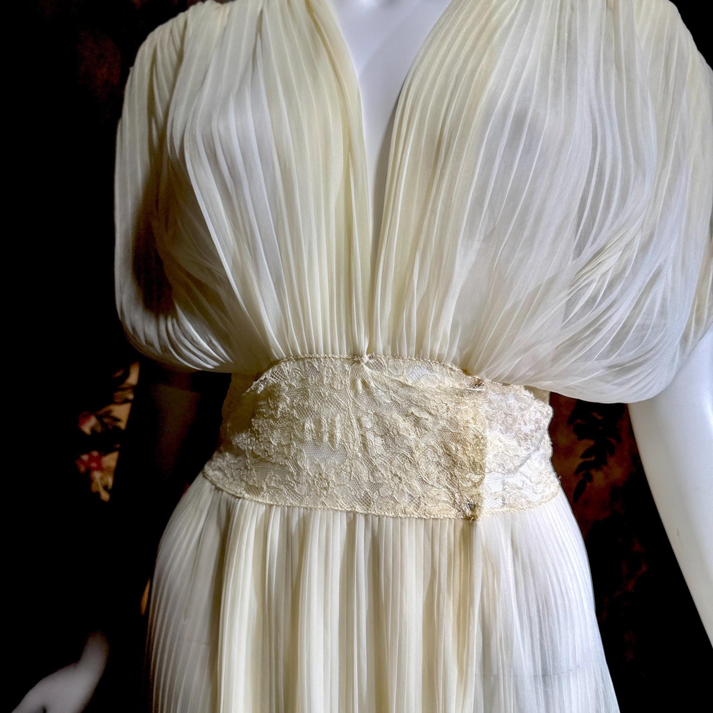 TULA vintage 1940s Nightgown Dressing Gown, White Grecian Goddess micro pleat lingerie dress