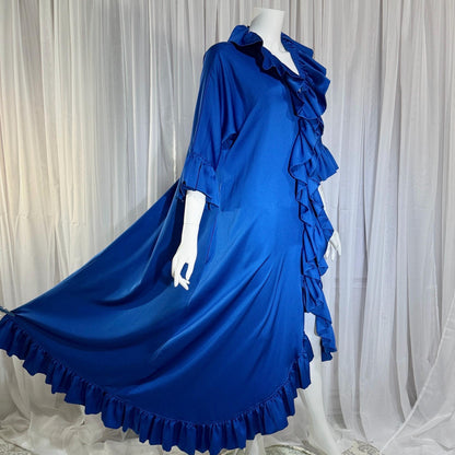 Vintage LUCIE ANN BEVERLY Hills Dressing gown robe, 1960s Blue ruffle lounging gown