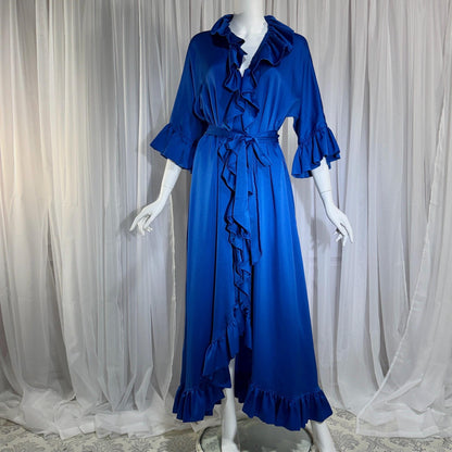Vintage LUCIE ANN BEVERLY Hills Dressing gown robe, 1960s Blue ruffle lounging gown