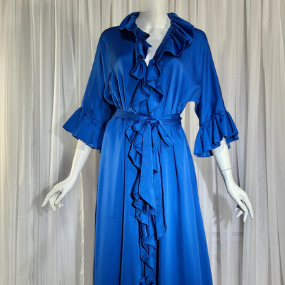Vintage LUCIE ANN BEVERLY Hills Dressing gown robe, 1960s Blue ruffle lounging gown