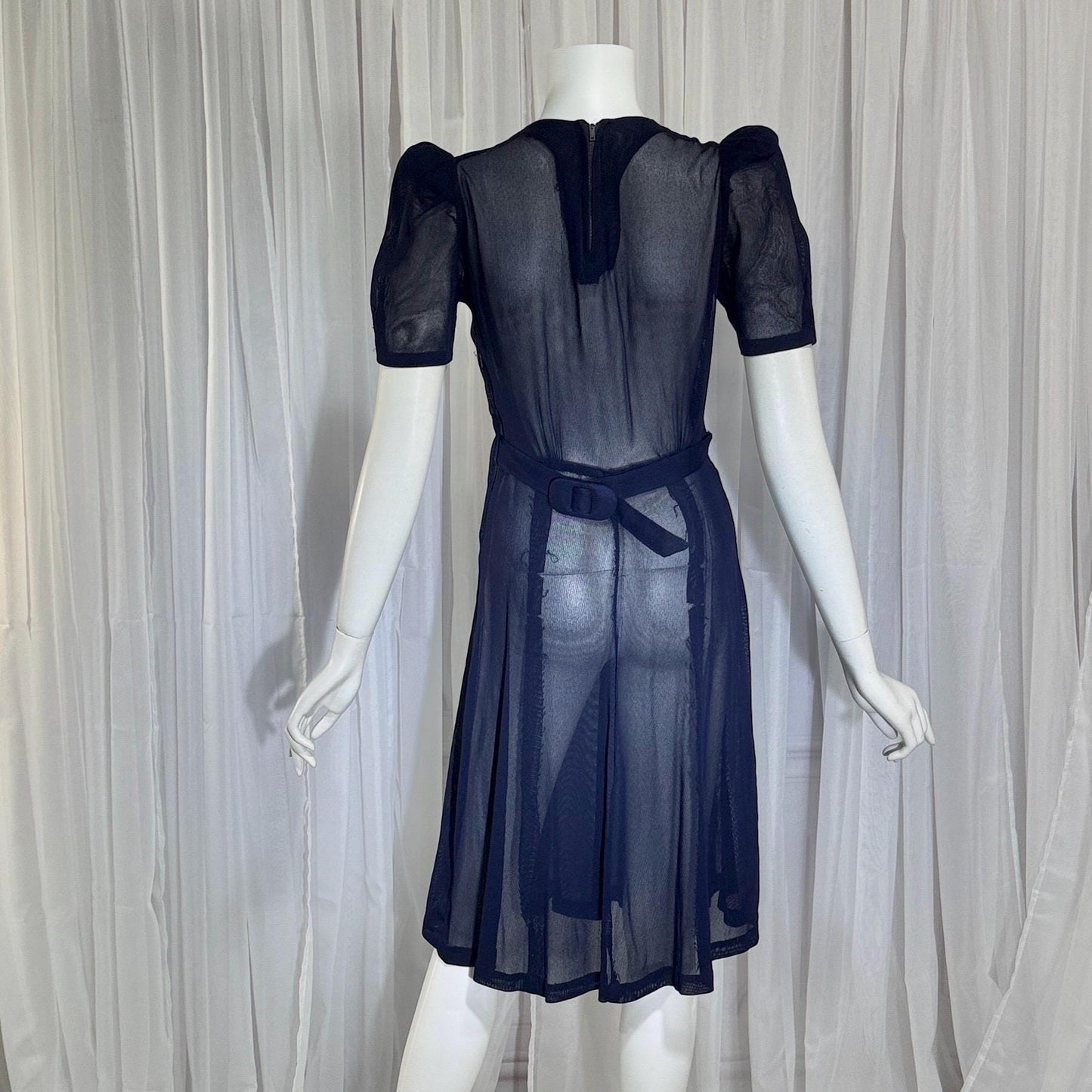 Vintage 1930s Mesh Day Dress, Midnight Blue Sunday Stroll Sheer dress