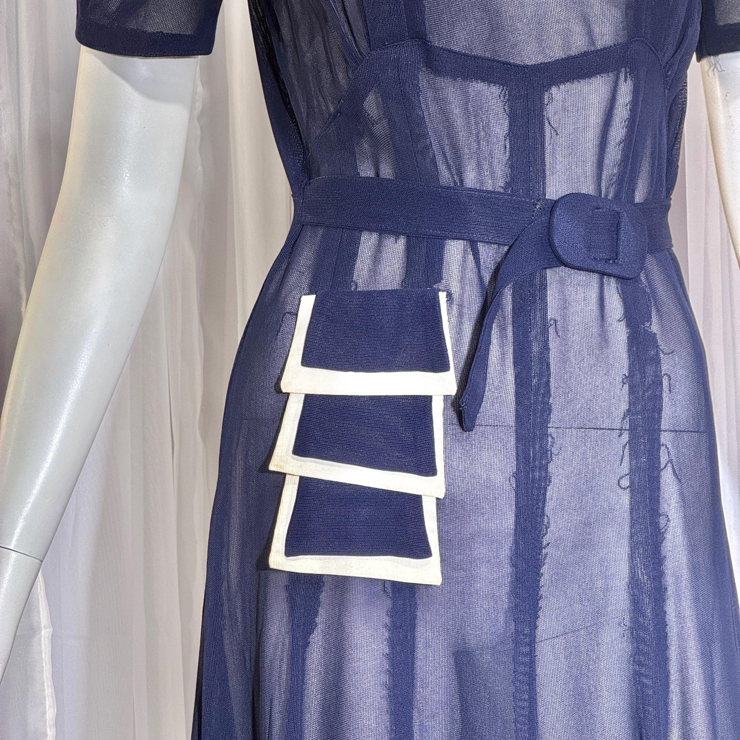 Vintage 1930s Mesh Day Dress, Midnight Blue Sunday Stroll Sheer dress