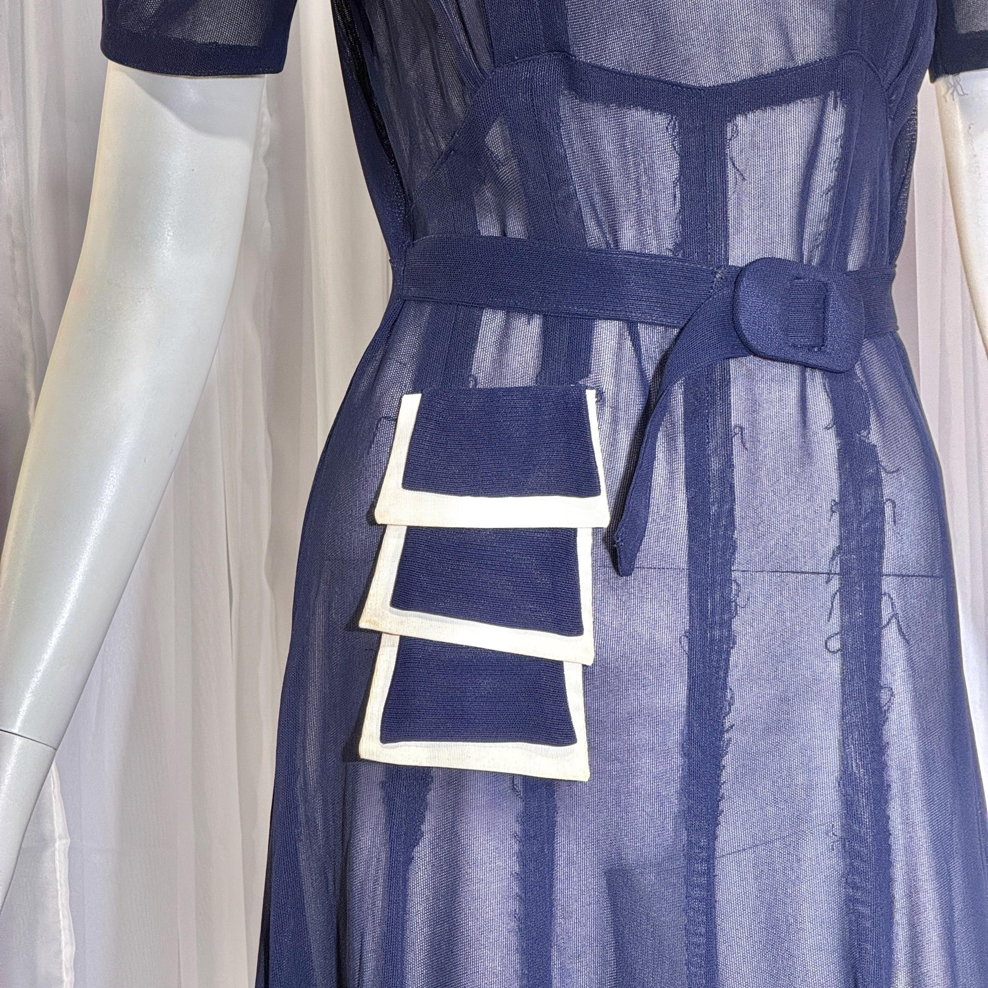 Vintage 1930s Mesh Day Dress, Midnight Blue Sunday Stroll Sheer dress