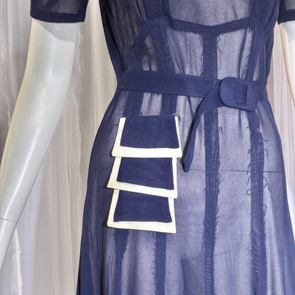 Vintage 1930s Mesh Day Dress, Midnight Blue Sunday Stroll Sheer dress