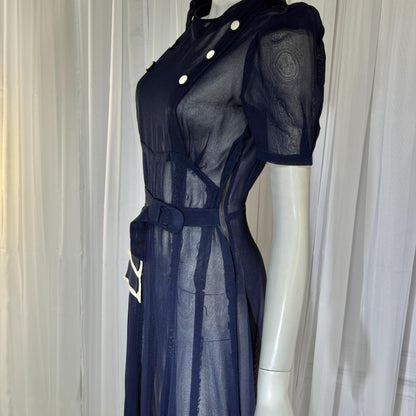 Vintage 1930s Mesh Day Dress, Midnight Blue Sunday Stroll Sheer dress
