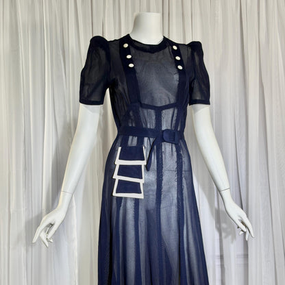 Vintage 1930s Mesh Day Dress, Midnight Blue Sunday Stroll Sheer dress
