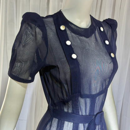 Vintage 1930s Mesh Day Dress, Midnight Blue Sunday Stroll Sheer dress