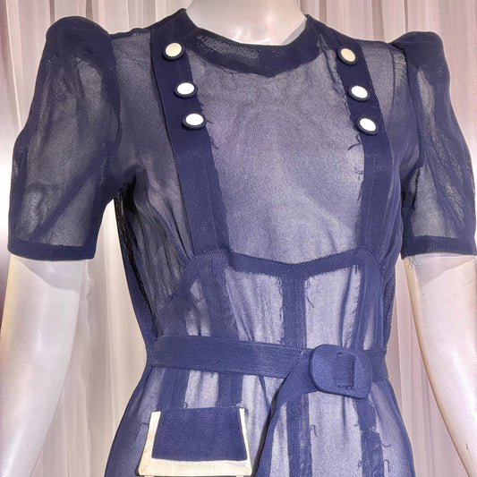 Vintage 1930s Mesh Day Dress, Midnight Blue Sunday Stroll Sheer dress