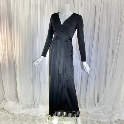 vintage 1970s MISS ELLIETTE evening dress, black jersey knit wrap dress with fringe Medium
