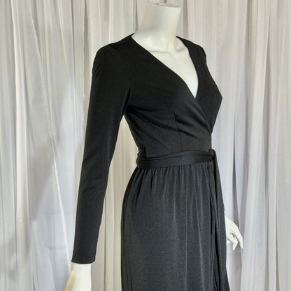 vintage 1970s MISS ELLIETTE evening dress, black jersey knit wrap dress with fringe Medium