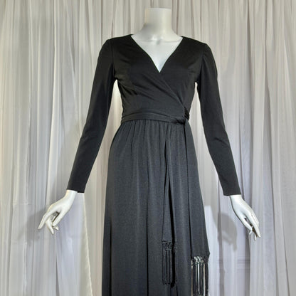 vintage 1970s MISS ELLIETTE evening dress, black jersey knit wrap dress with fringe Medium