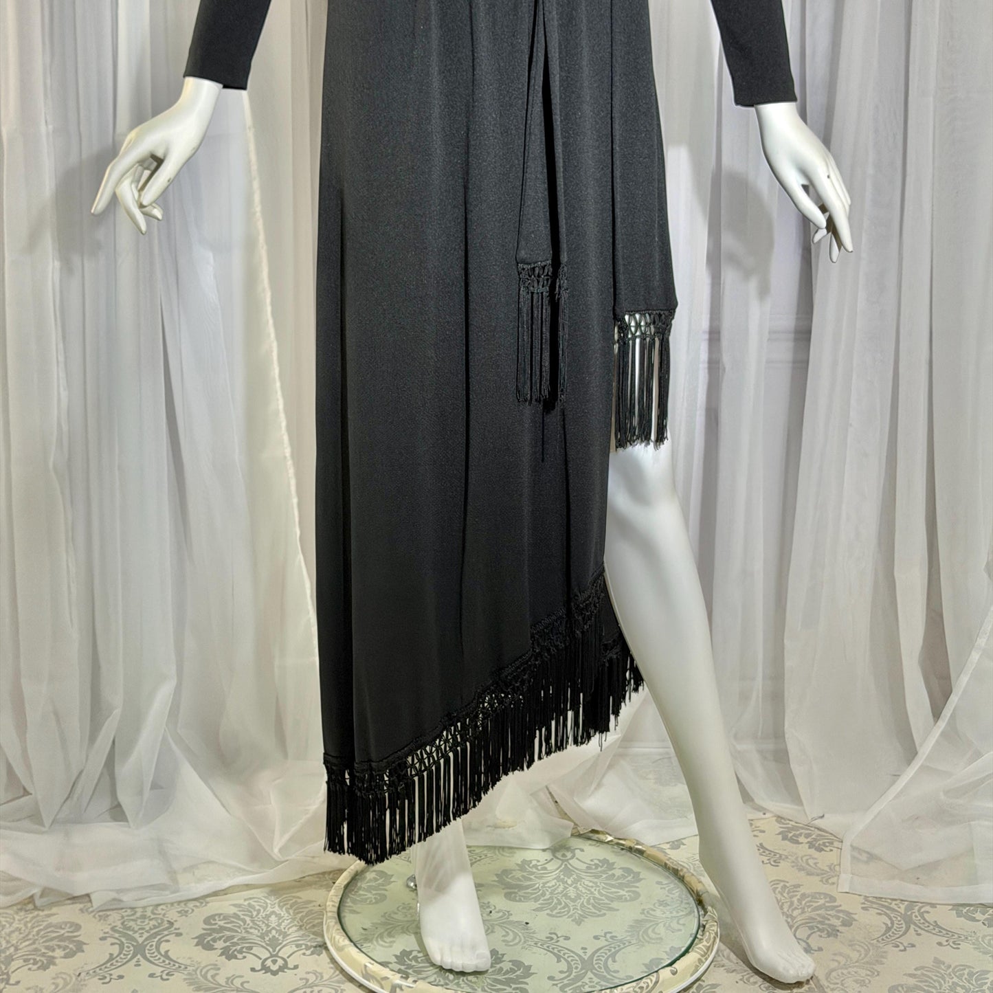 vintage 1970s MISS ELLIETTE evening dress, black jersey knit wrap dress with fringe Medium