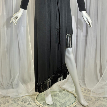 vintage 1970s MISS ELLIETTE evening dress, black jersey knit wrap dress with fringe Medium