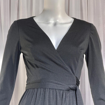 vintage 1970s MISS ELLIETTE evening dress, black jersey knit wrap dress with fringe Medium