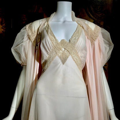 SAKS FIFTH AVENUE Vintage 1950s peignoir set, Dusty Pink chiffon bridal nightgown lingerie slip dress and robe
