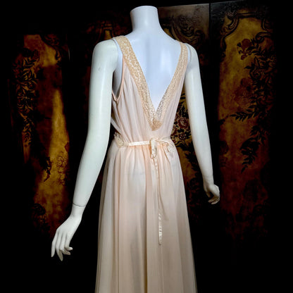 SAKS FIFTH AVENUE Vintage 1950s peignoir set, Dusty Pink chiffon bridal nightgown lingerie slip dress and robe