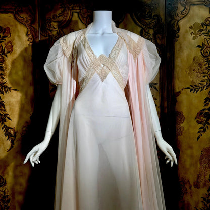 SAKS FIFTH AVENUE Vintage 1950s peignoir set, Dusty Pink chiffon bridal nightgown lingerie slip dress and robe