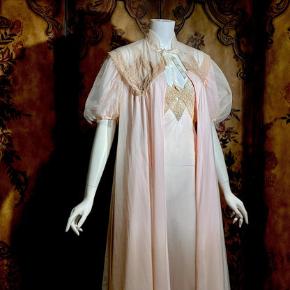 SAKS FIFTH AVENUE Vintage 1950s peignoir set, Dusty Pink chiffon bridal nightgown lingerie slip dress and robe