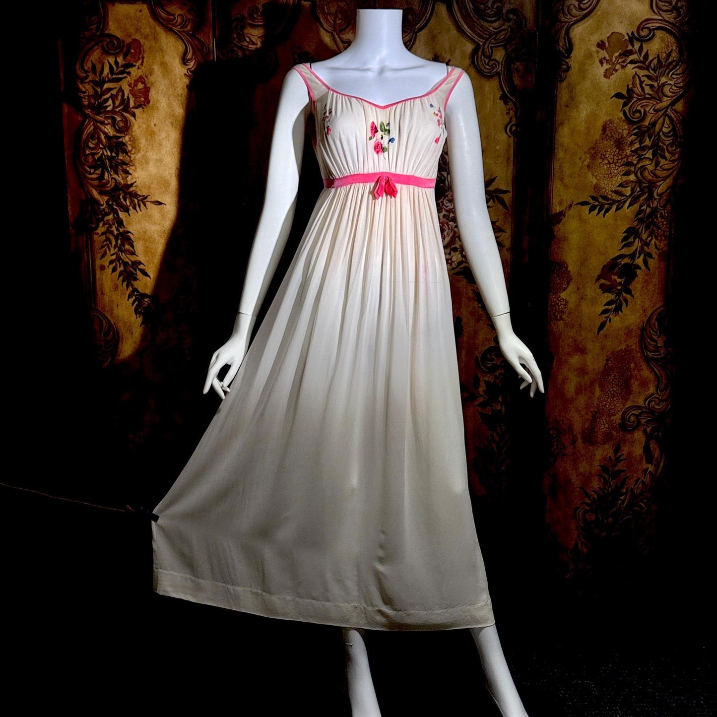 vintage 1960s NEIMAN MARCUS Nightgown slip dress, Made in Italy off white pink Lingerie dress