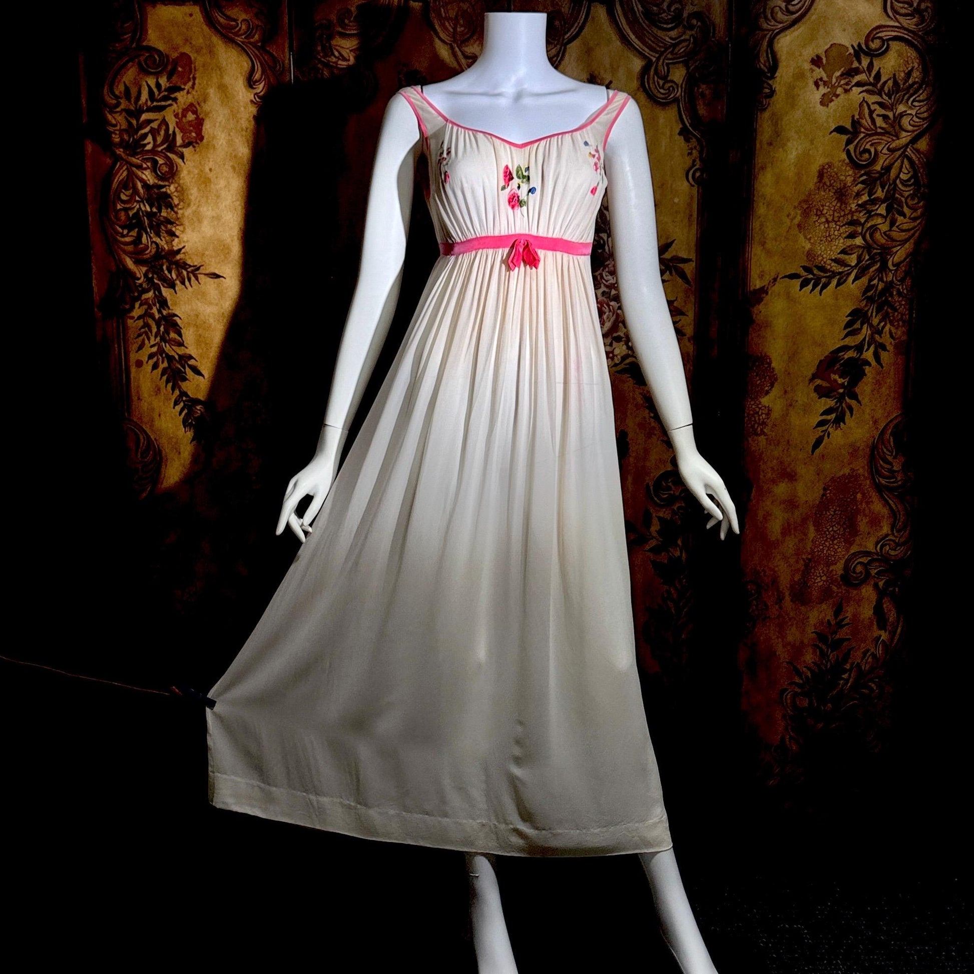 vintage 1960s NEIMAN MARCUS Nightgown slip dress, Made in Italy off white pink Lingerie dress