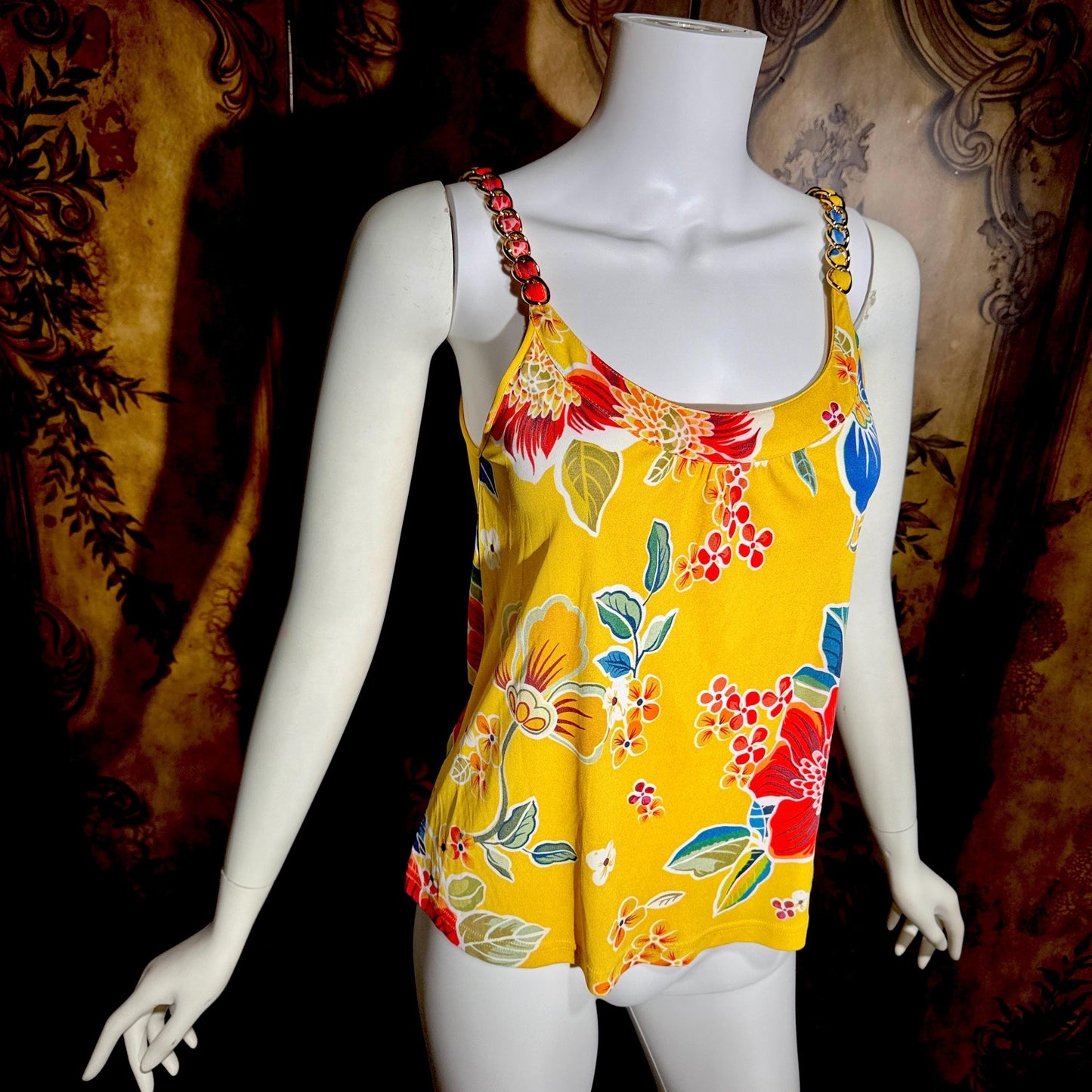 D&G Vintage Y2K Cami Top, DOLCE & GABBANA Yellow Floral Jersey Knit Tank Top Chain Straps
