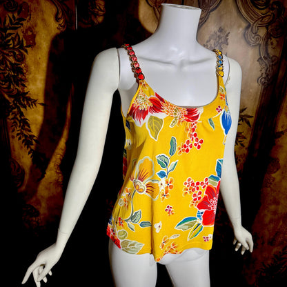 D&G Vintage Y2K Cami Top, DOLCE & GABBANA Yellow Floral Jersey Knit Tank Top Chain Straps