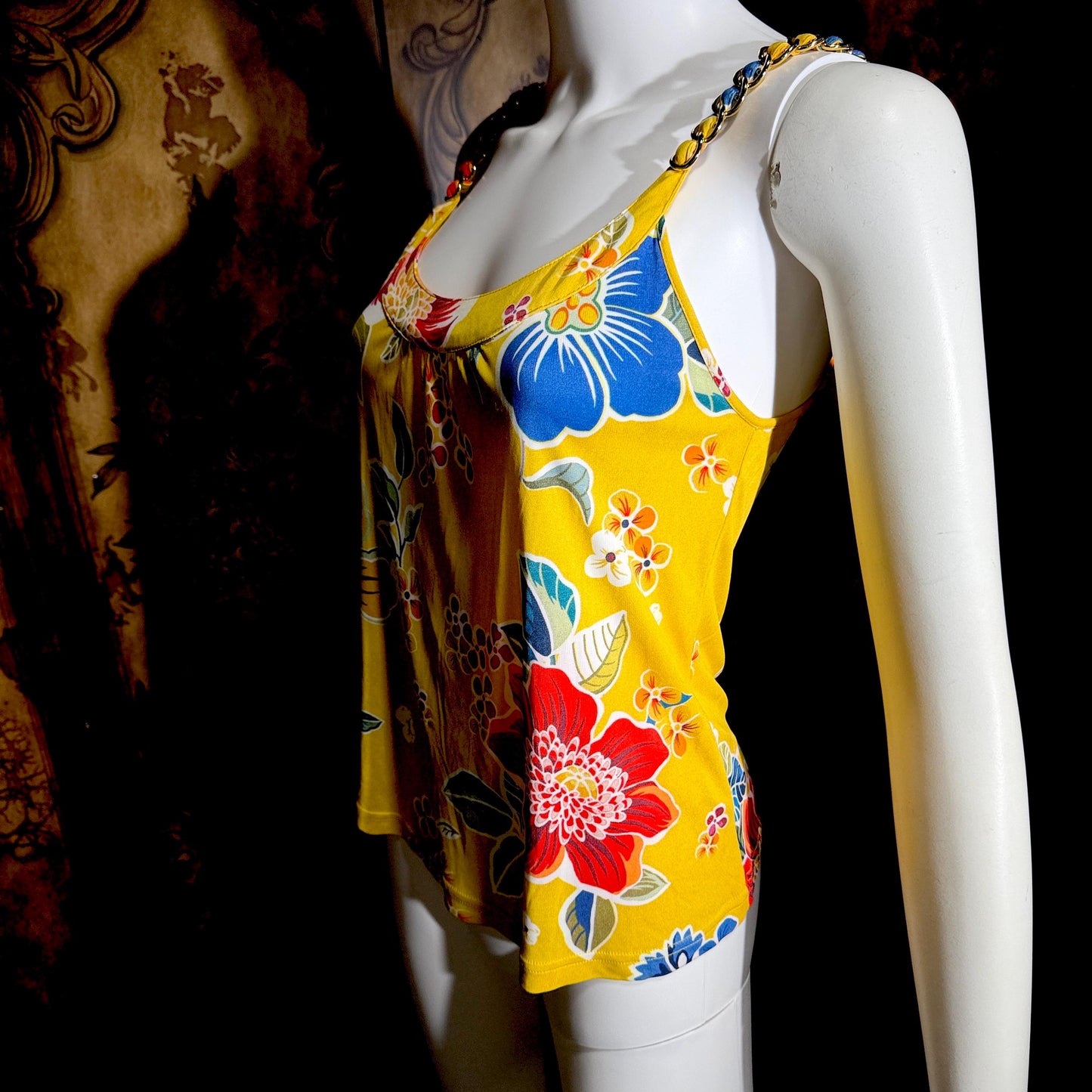 D&G Vintage Y2K Cami Top, DOLCE & GABBANA Yellow Floral Jersey Knit Tank Top Chain Straps