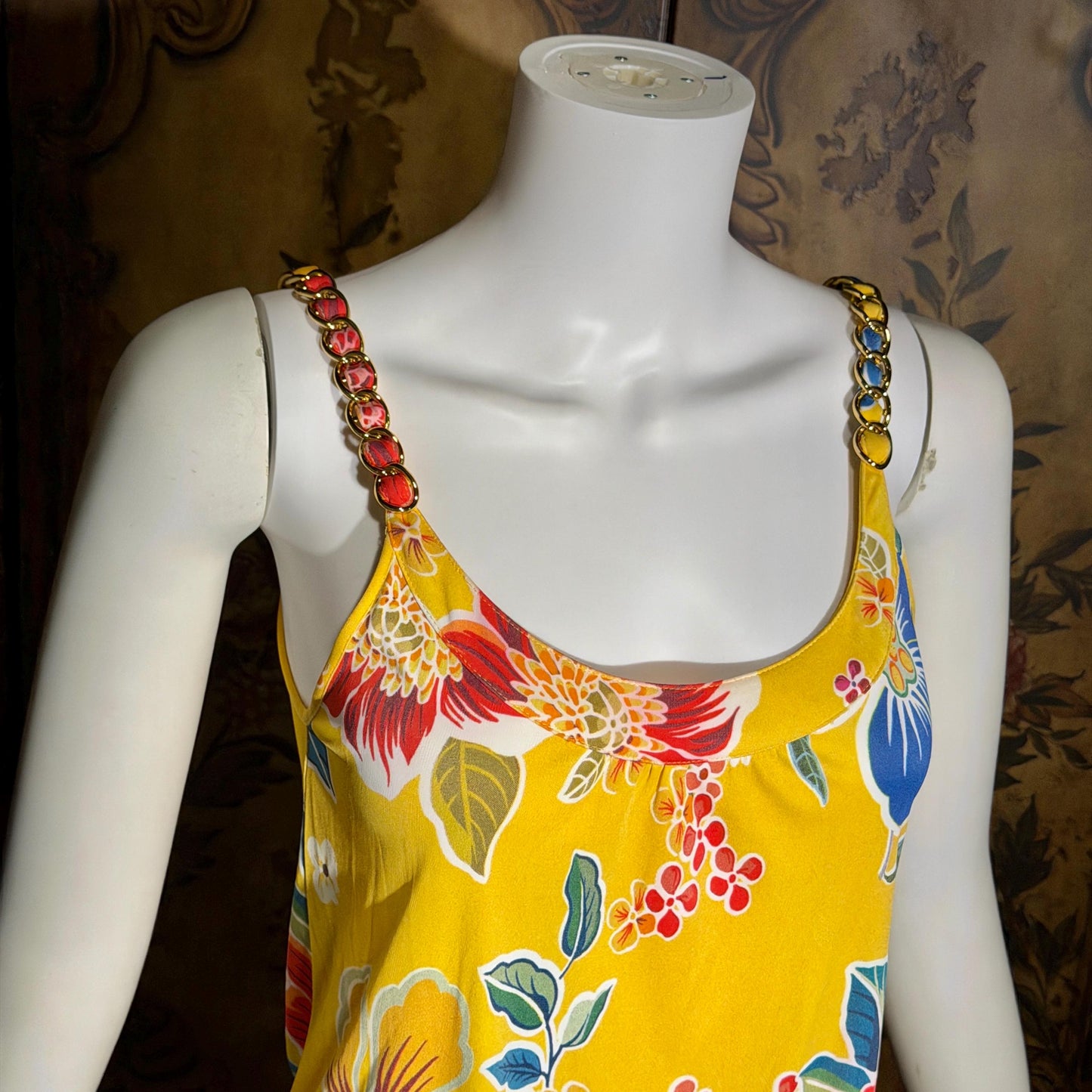 D&G Vintage Y2K Cami Top, DOLCE & GABBANA Yellow Floral Jersey Knit Tank Top Chain Straps