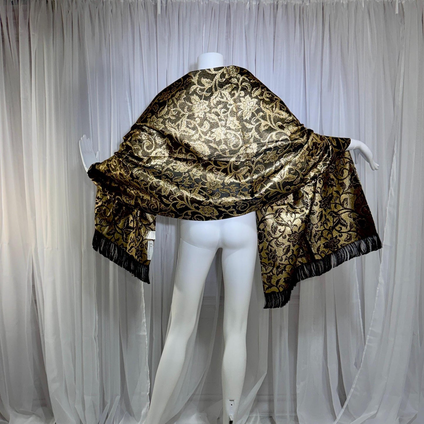 Vintage 1950s Evening wrap shawl, ECHO ORIGINATIONS Black Gold Metallic Floral Scarf New