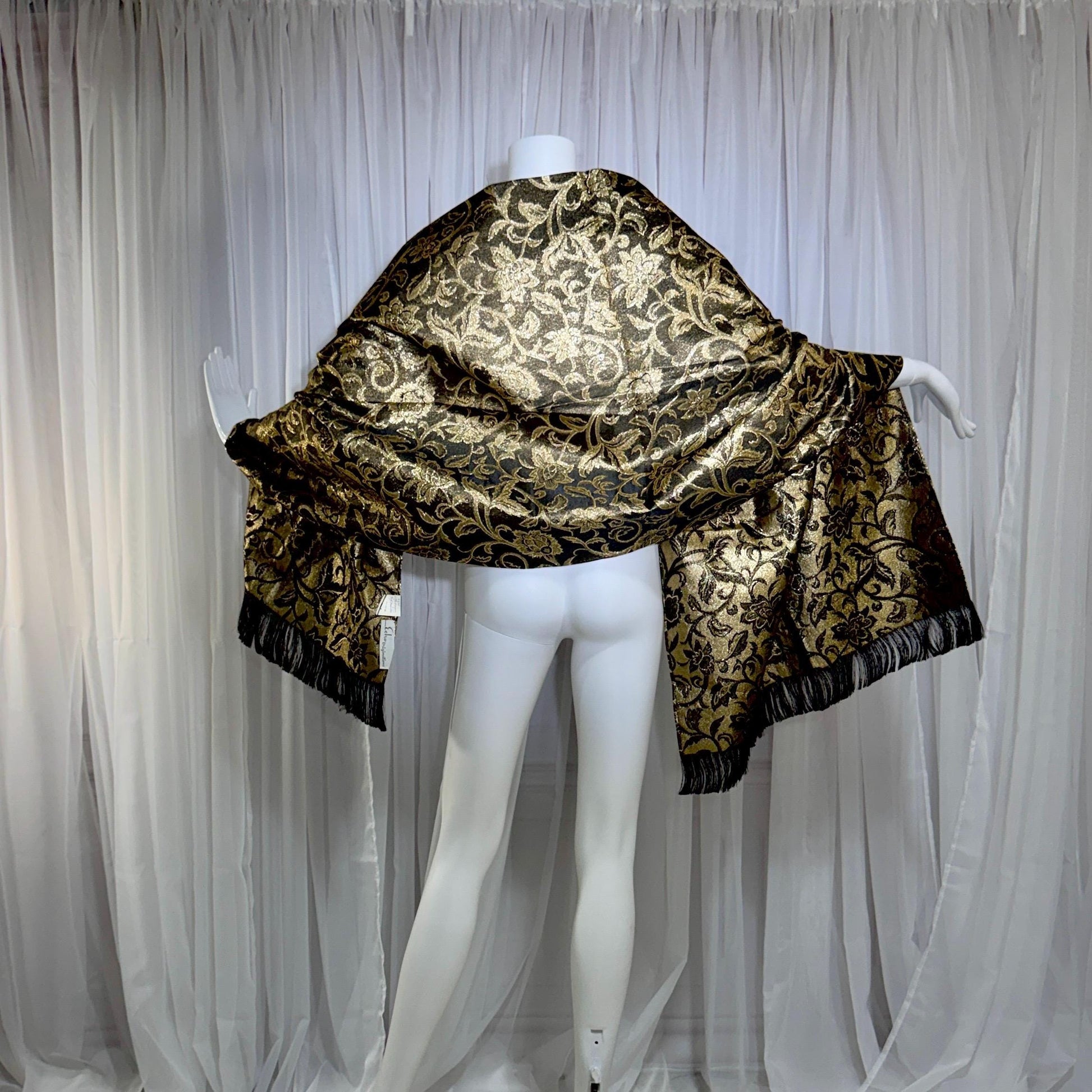 Vintage 1950s Evening wrap shawl, ECHO ORIGINATIONS Black Gold Metallic Floral Scarf New