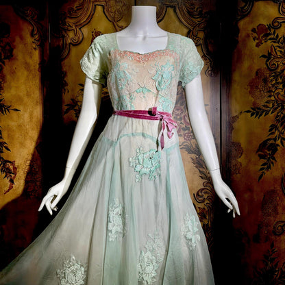 1930s Vintage Evening dress gown, Green Pink Organza Lace gown, Large