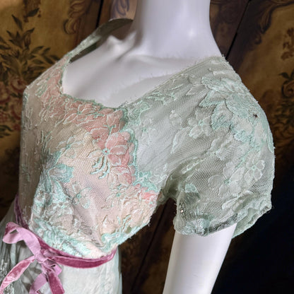 1930s Vintage Evening dress gown, Green Pink Organza Lace gown, Large