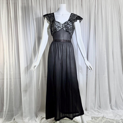 1940s vintage nightgown slip dress, AMERICAN MAID sheer black long lingerie dress, medium