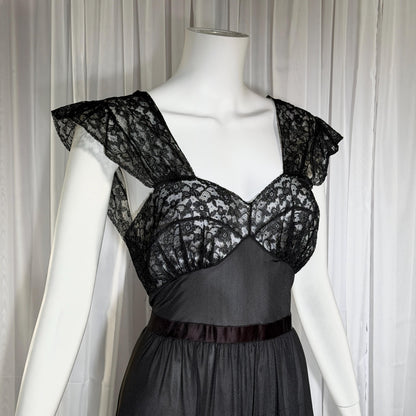 1940s vintage nightgown slip dress, AMERICAN MAID sheer black long lingerie dress, medium