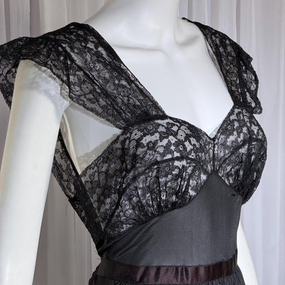 1940s vintage nightgown slip dress, AMERICAN MAID sheer black long lingerie dress, medium