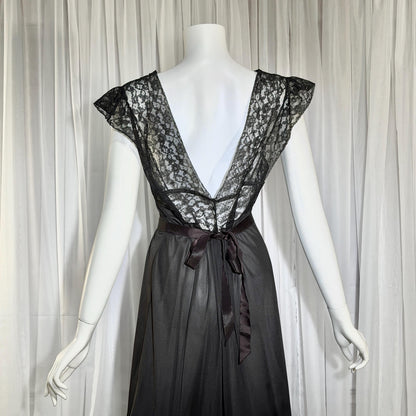 1940s vintage nightgown slip dress, AMERICAN MAID sheer black long lingerie dress, medium