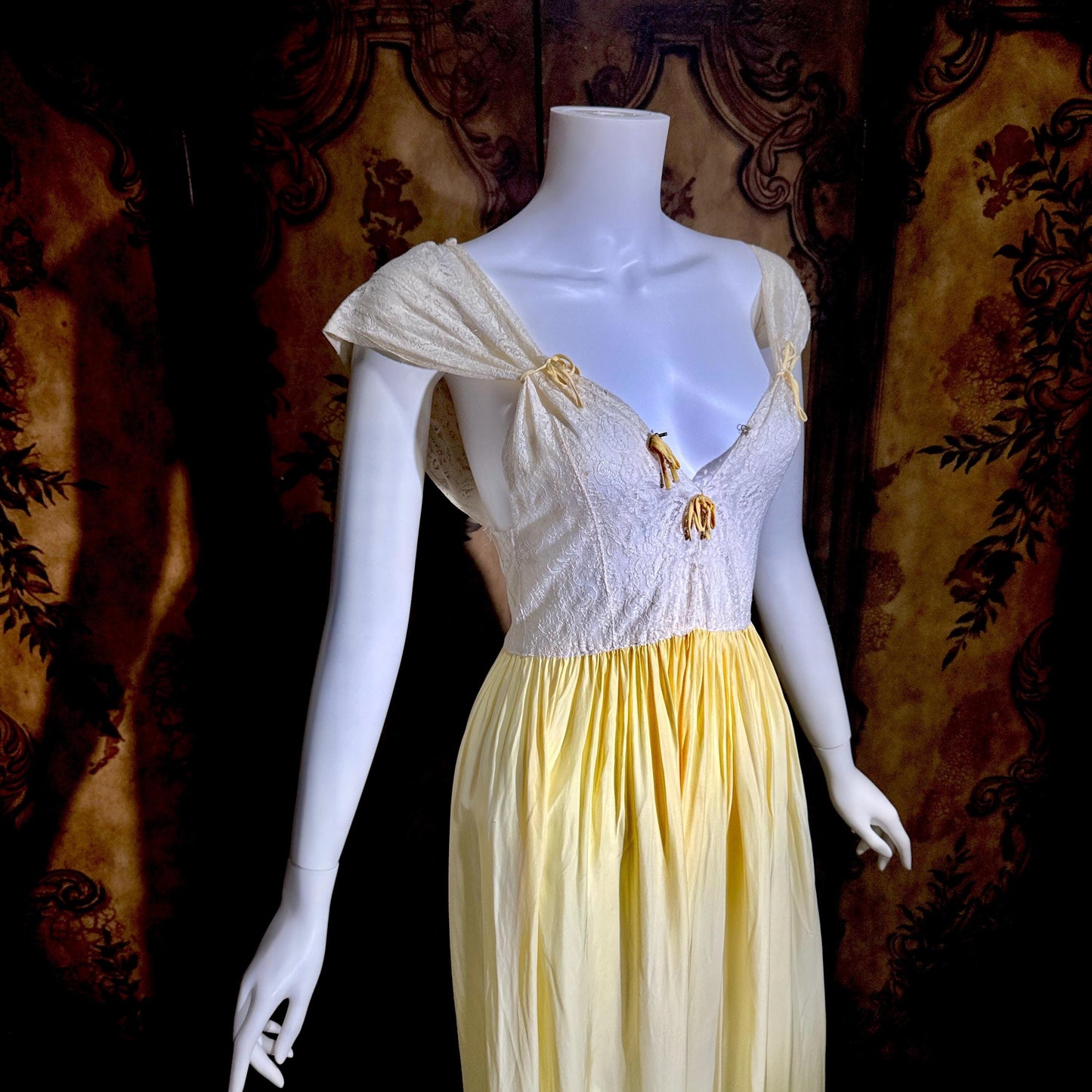 1940s Vintage Nightgown Slip dress, White Yellow Rayon lingerie dress
