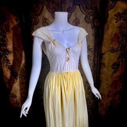 1940s Vintage Nightgown Slip dress, White Yellow Rayon lingerie dress