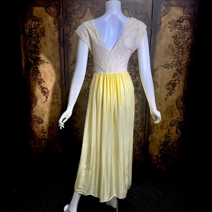 1940s Vintage Nightgown Slip dress, White Yellow Rayon lingerie dress