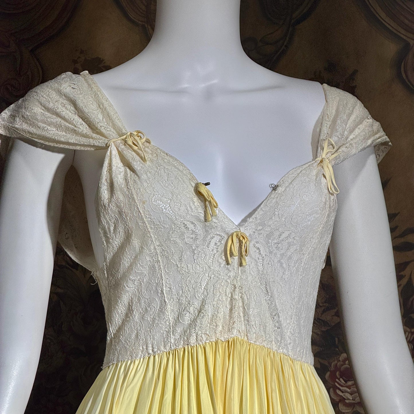 1940s Vintage Nightgown Slip dress, White Yellow Rayon lingerie dress