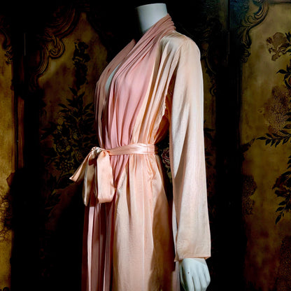 FERNANDO SANCHEZ Vintage dressing gown robe, Peach Pink Silk wrap house coat, Large