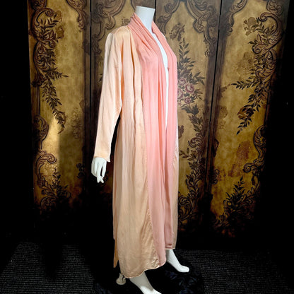 FERNANDO SANCHEZ Vintage dressing gown robe, Peach Pink Silk wrap house coat, Large