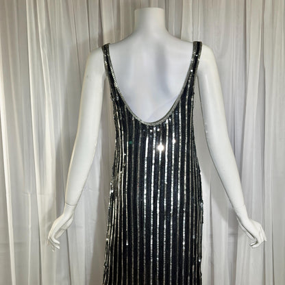 LILLIE RUBIN vintage evening cocktail dress, 1980s Black & Silver sequin disco fringe flapper slip dress