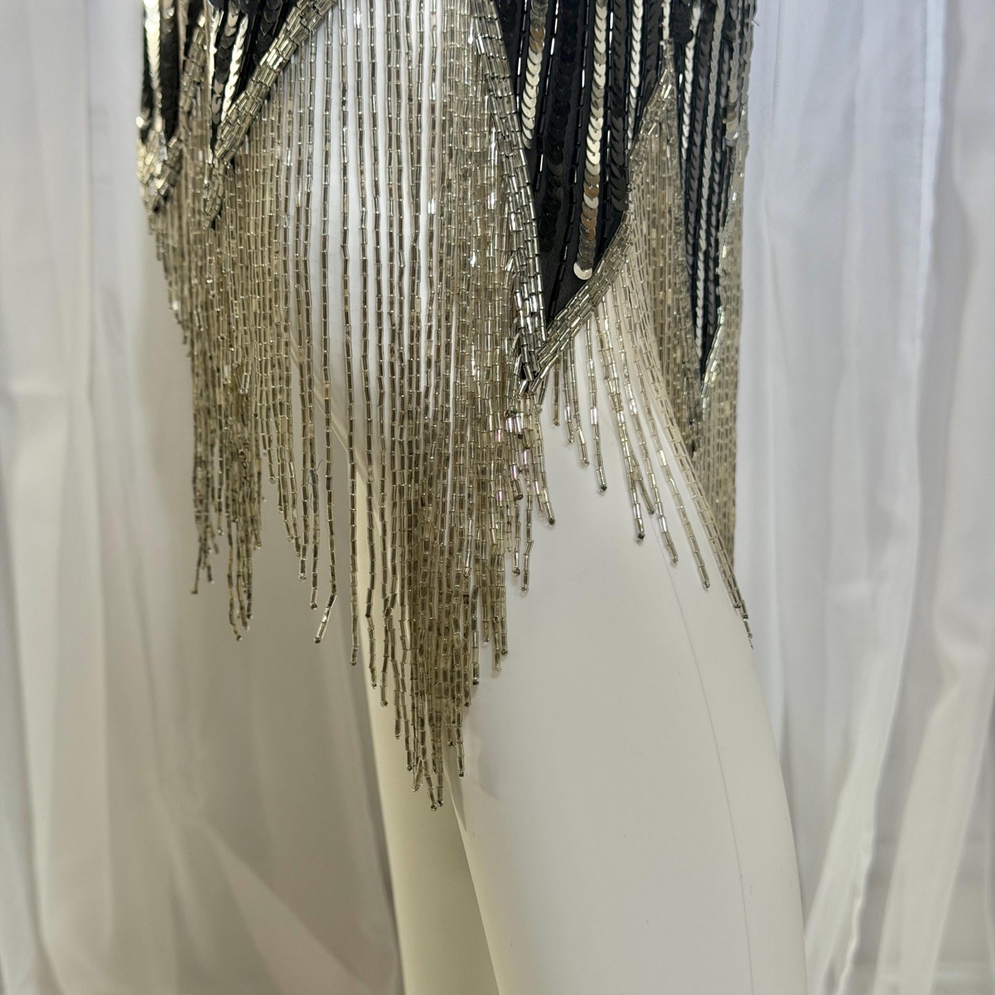 LILLIE RUBIN vintage evening cocktail dress, 1980s Black & Silver sequin disco fringe flapper slip dress