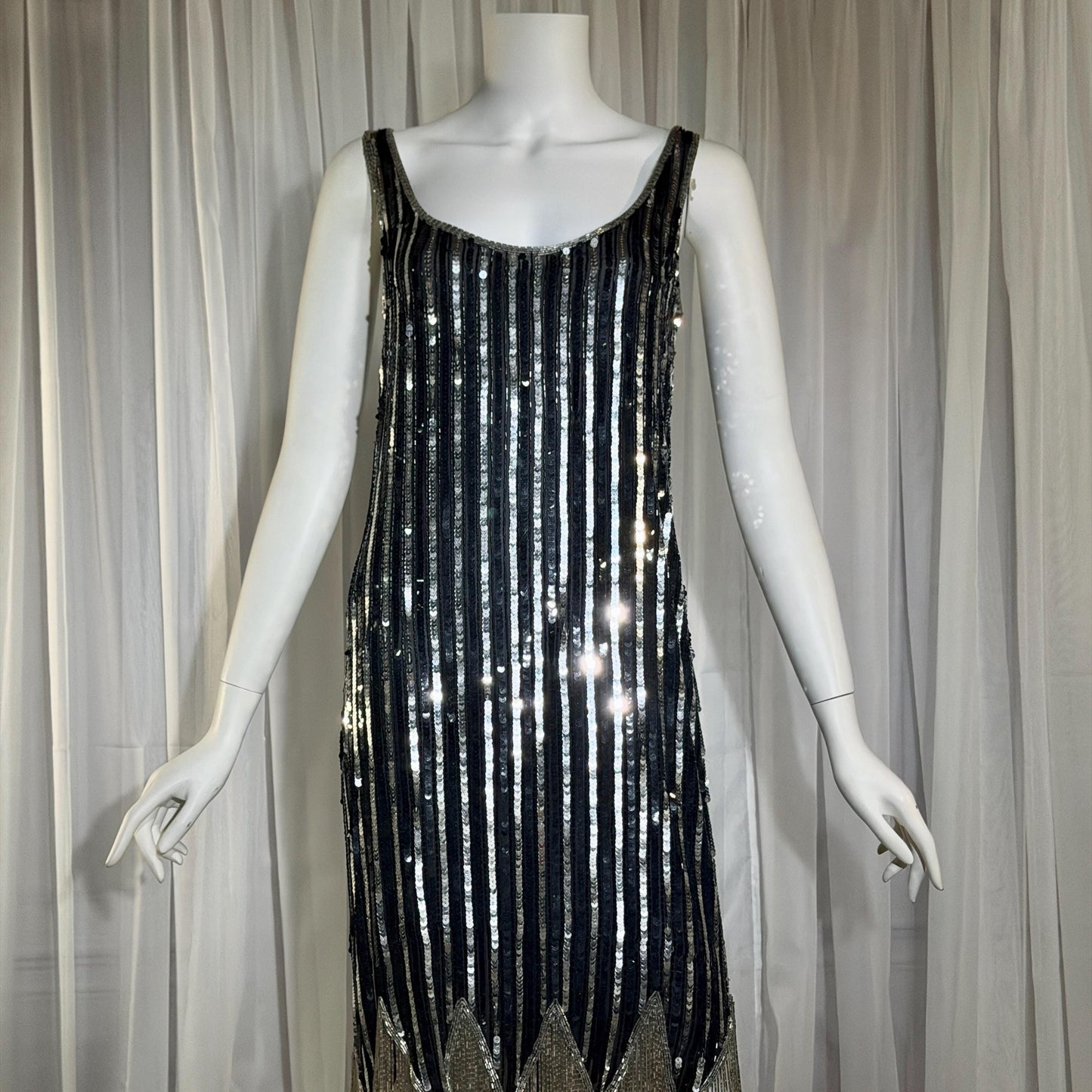 LILLIE RUBIN vintage evening cocktail dress, 1980s Black & Silver sequin disco fringe flapper slip dress