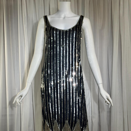 LILLIE RUBIN vintage evening cocktail dress, 1980s Black & Silver sequin disco fringe flapper slip dress